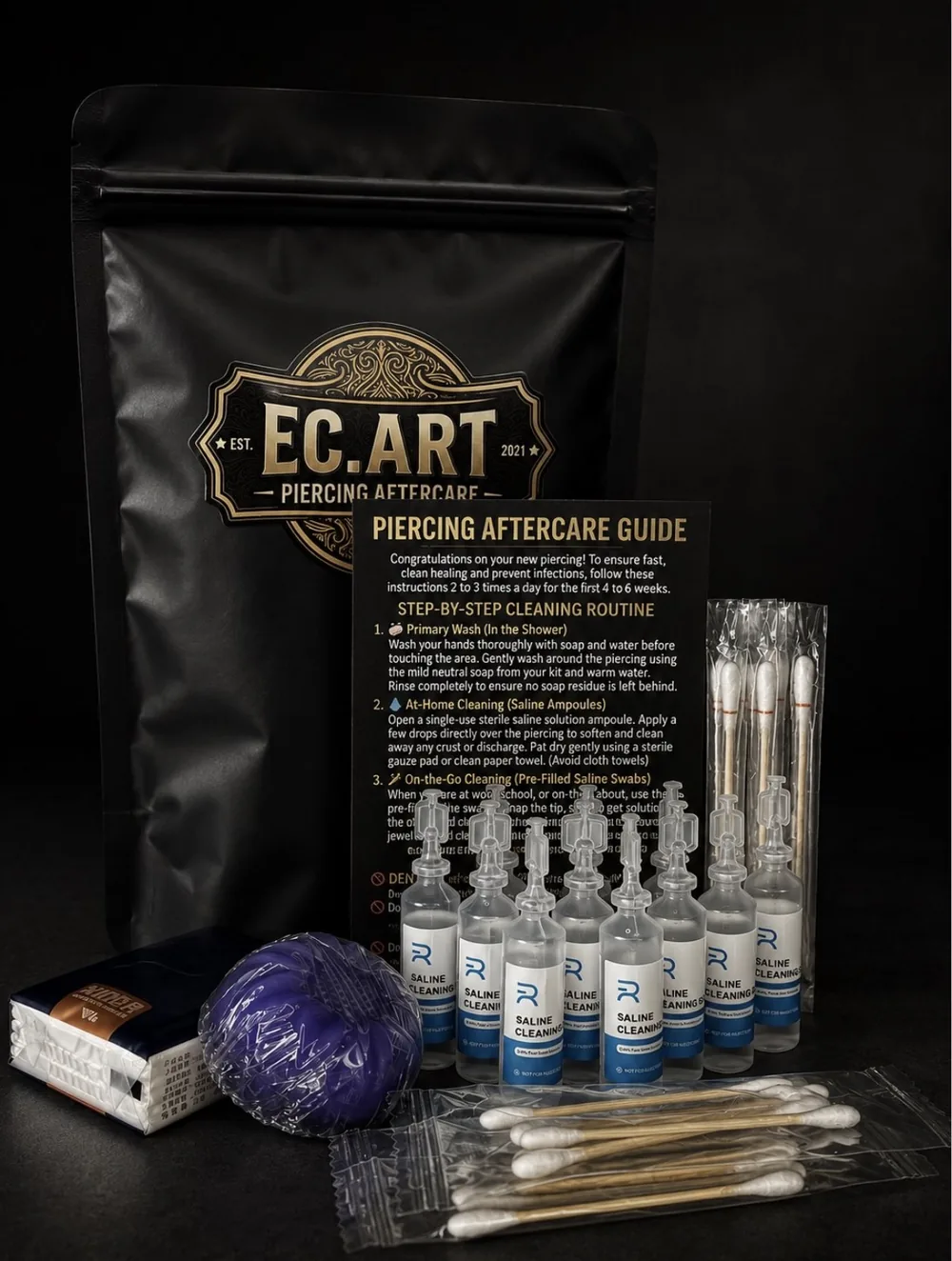 EC.ART piercing aftercare kit with saline ampoules and cotton swabs